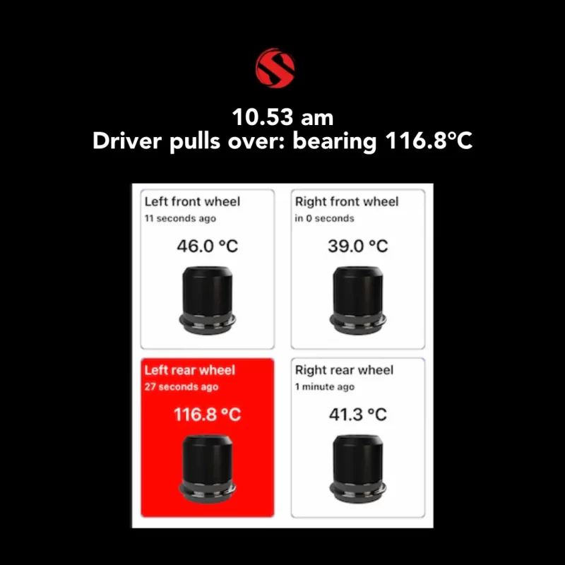 Wheel Sensei alert screen showing left rear hub temperature at 116.8 °C after driver pulls over safely