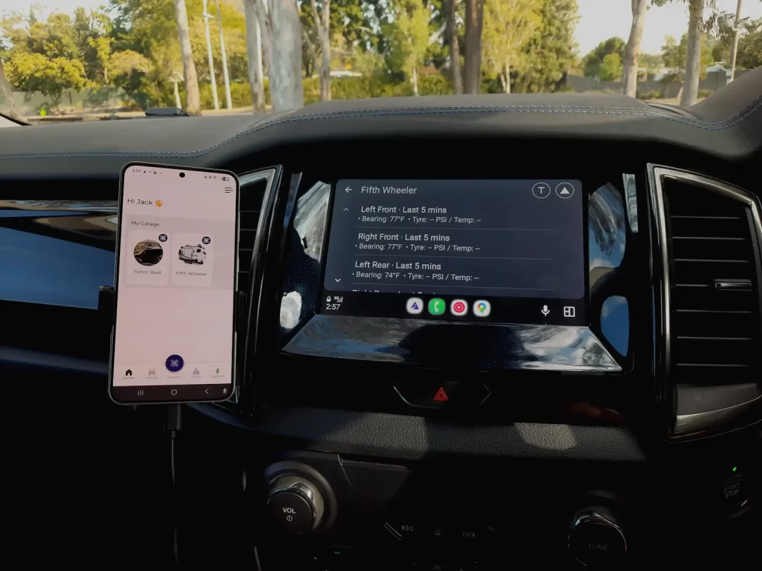 Smarter Towing App showing Wheel Sensei dashboard integrated with Android Auto and Apple CarPlay inside a vehicle